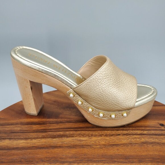 Stuart Weitzman Clog Sandals Women's 7.5 B Metallic Leather Faux Pearl Stud Heel